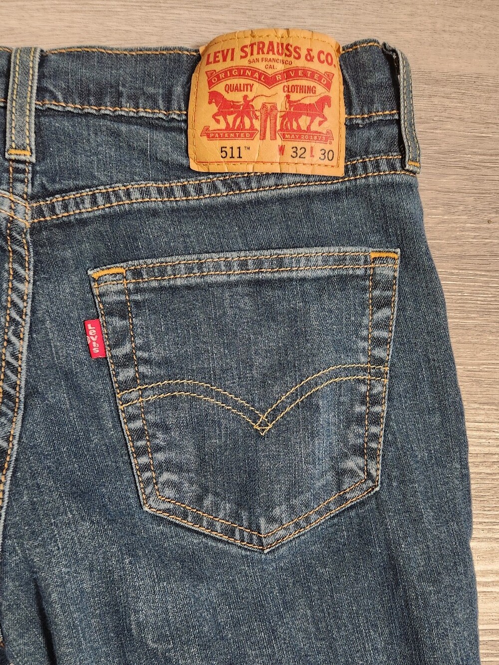 Levi's 511 Slim Dark Blue Denim Jeans with Tan Patch, Size 32 X 30